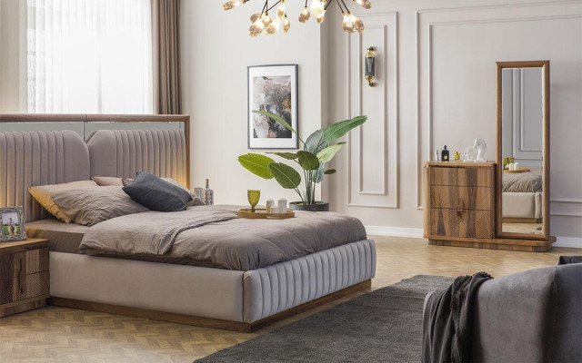 Modernes Schlafzimmer Set Bett + 2x Nachttische + Kommode mit Spiegel Modern