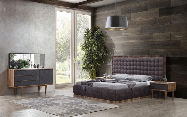 Schlafzimmer Set Bett + 2x Nachttische + Kommode + Spiegel Design Möbel 5tlg