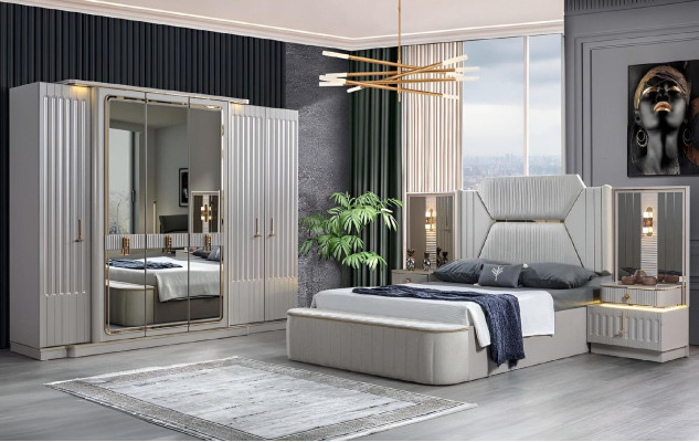 Designer Möbel 4tlg. Schlafzimmer Set Bett 2x Nachttisch Kleiderschrank Neu