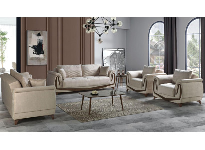 Sofagarnitur 3+2+1+1 Holz Wohnzimmer Luxus Sofa Modern Stoff Komplett Neu