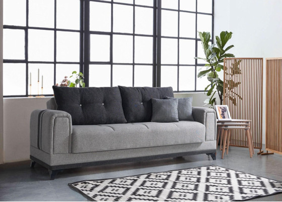 Graue Sofagarnitur 3+2+1 Sitzer Textil Holz Sofa Sessel Komplett Set