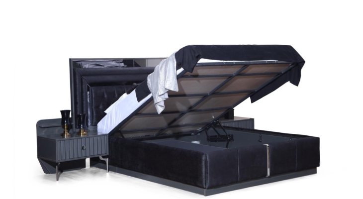 Komplettes Schwarzes Schlafzimmer Set Luxus Doppelbett Nachttische 4tlg