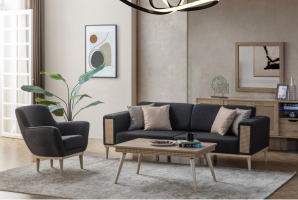 Grauer Wohnzimmer Set Luxus Dreisitzer Polster Sessel Stil Textil Möbel