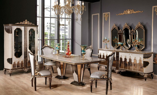 Klassische Weiß-Goldene Esszimmer Garnitur Esstisch 6x Stühle Kommode