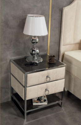 Schlafzimmer Set Beige Metall Bett Luxus 2x Nachttische Elegantes 3tlg