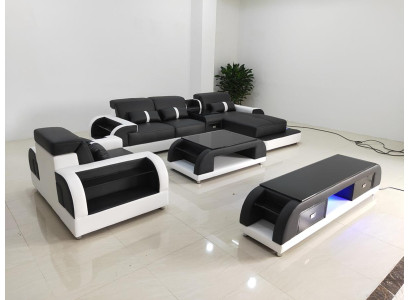 Couch Ecksofa Leder Wohnlandschaft Garnitur Design Modern Sof L-Form Couchtisch