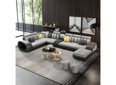 Ledersofa Sofa mit USB Couch Designersofa U Form Eckgarnitur Polsterecke Big neu