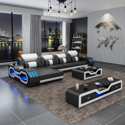 Leder Modern Couch Wohnlandschaft Ledersofa Sofagarnitur Sofa L-Form Couchtisch