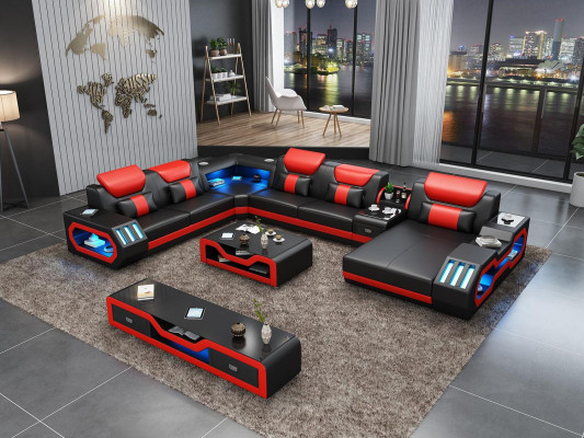 Wohnlandschaft Couch Polster Garnitur Sofa 3tlg. Set Couchtisch Sideboard Leder