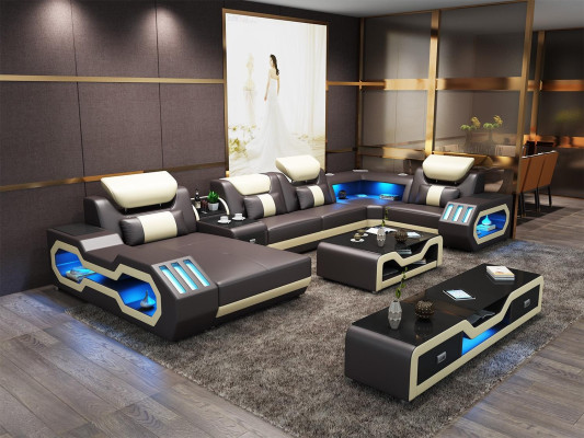 Moderne Design Wohnlandschaft Sofa Ecksofa Couch Polster rtv Couchtisch Leder