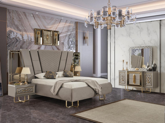 Villen Schlafzimmer Möbel Bett Doppelbett 2x Nachttische Kommode Spiegel 5tlg