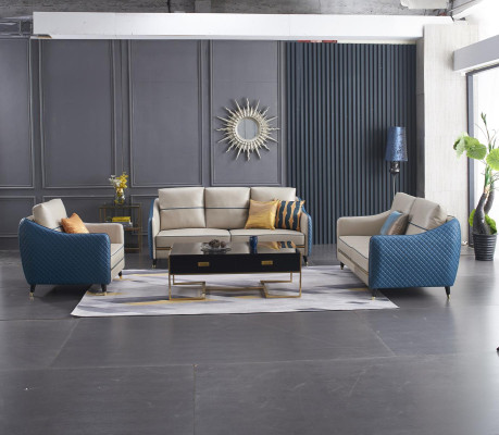 Blau-Beige Sofagarnitur 3+2 Ledersitzer Set Design Polstercouchen Deko Möbel