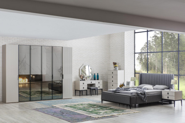 Schminktisch mit Spiegel Grauer Schlafzimmer Design Konsol Hocker Neu