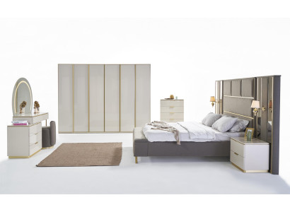 Luxus Komplett Schlafzimmer Set Beige Gold Kommode Bett Nachttisch 7tlg. Glanz
