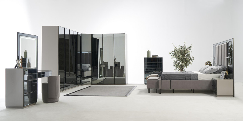 Luxus Glas Schlafzimmer Bett Nachttisch Eckschrank Kommod Spiegel Hocker Grau