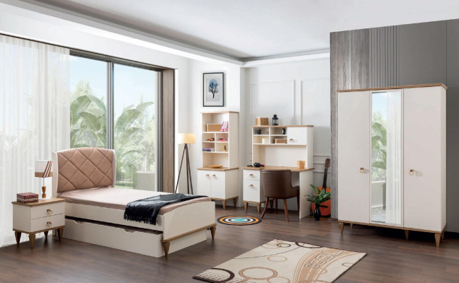 Unisex Schlafzimmer Jugendzimmer Set Bett Nachttisch Bücherregal Tisch 5tlg. Neu