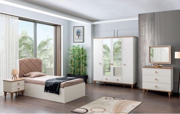 Kinderzimmer Set Beige Kinderbett Nachttisch Jungzimmer Design Modern Neu 2tlg.