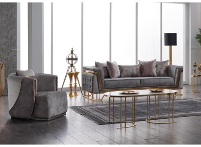 Grau Sofagarnitur 3+1 Sitzer mit Edelstahl Couch Sofa Polster Set 2tlg