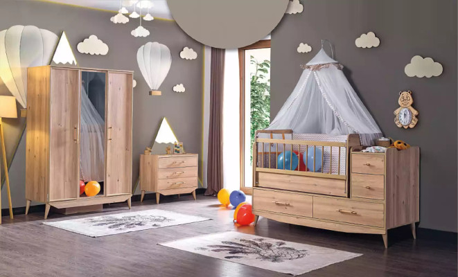 Kinderbett Säugling Baby Betten Kleinkind Holzbett Braun mit Regalen
