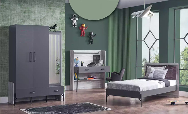 Graues Jugendzimmer Set Kinderzimmer Schlafzimmer Tisch Schrank Bett 3tlg.