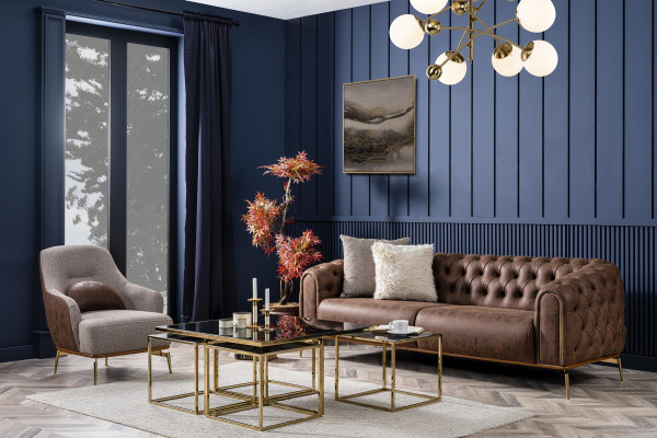 Chesterfield Viersitzer Sofa 4 Sitzer Sitz Polyester Braun Kunstleder