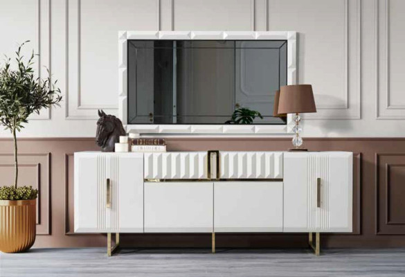 Esszimmer Set Einrichtung Gold 8tlg. Garnitur Tisch 6x Stühle Kommode