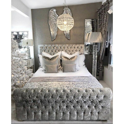 Chesterfield Bett Schlafzimmer Betten Textil 180x200cm Samt Big Hotel Grau Neu