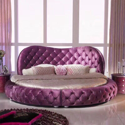 Runde Chesterfield Design Bett Schlafzimmer Textil Leder Polster Lila Rund Luxus