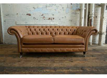 Sofa 3 Sitzer Couch Chesterfield Polster Sitz Garnitur Leder Braun Textil