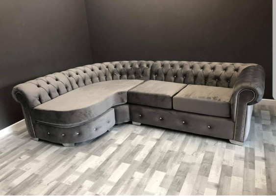 Graue Wohnzimmer Couch Chesterfield Polster Sitz Garnitur Eck Gruppe