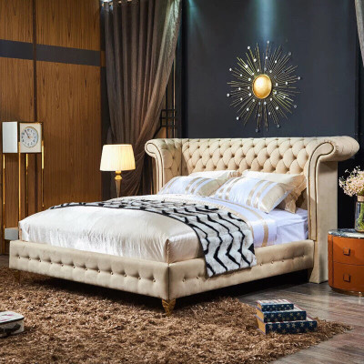Klassisches Schlafzimmer Bett Beige Textil Leder Polster Doppelbett 180x200cm