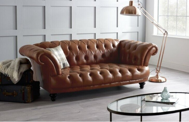 Braune Leder Chesterfield Sofa Couch Polster Stoff couchen Garnitur 3 Sitzer Neu