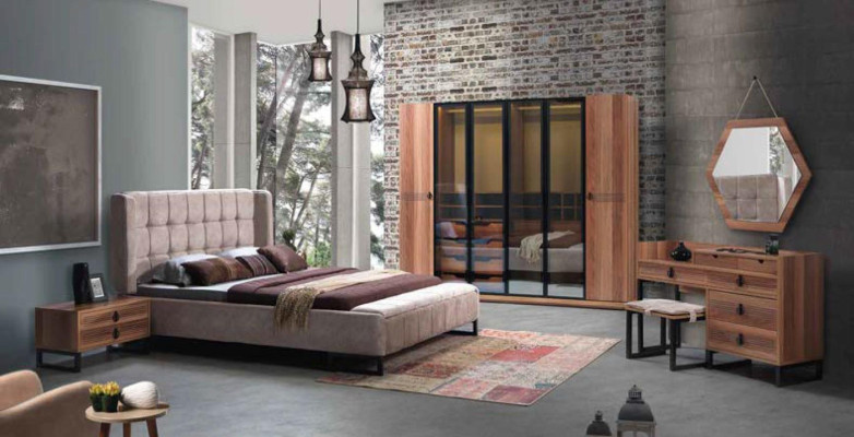 Schlafzimmer Set 5tlg. Luxus Bett 2x Nachttisch Kommode Kleiderschrank Holz Neu