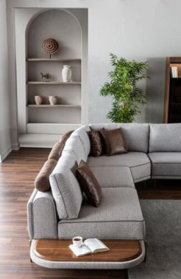 Ecksofa Stoffsofa L-Form Sofa Stoff Sofas Grau Modern Tisch Wohnlandschaft