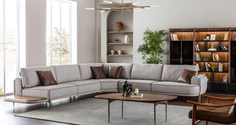 Ecksofa Stoffsofa L-Form Sofa Stoff Sofas Grau Modern Tisch Wohnlandschaft