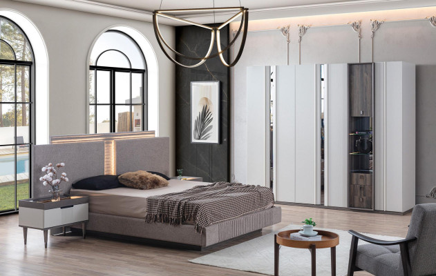 Schlafzimmer Set Modern Bett 2x Nachttisch und Kleiderschrank 4tlg Neu