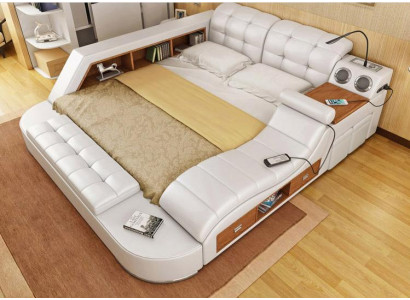Doppel Luxus Leder Bett + USB Polster Betten Moderne Hotel Multifunktion 