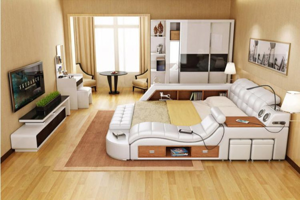 Doppel Luxus Leder Bett + USB Polster Betten Moderne Hotel Multifunktion 