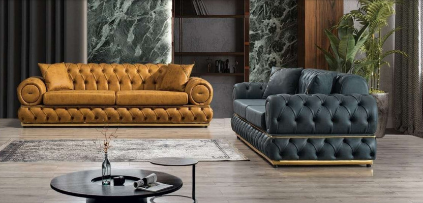 Garnitur Luxus Chesterfield Sofagarnitur 3+3 Sitzer Sofa Sessel Sofas Leder 2tlg