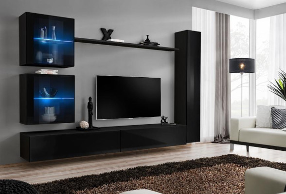 Schwarz Wohnwand Komplett Set Einrichtung Designer Möbel TV-Ständer Modern