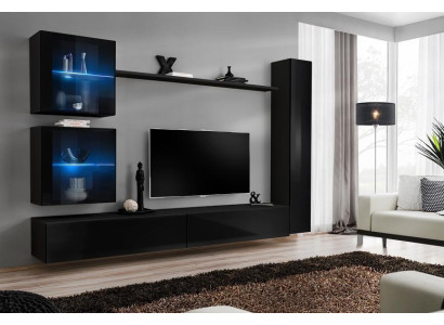 Schwarz Wohnwand Komplett Set Einrichtung Designer Möbel TV-Ständer Modern