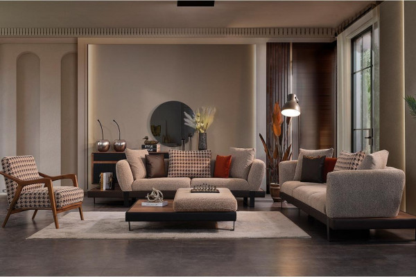 Dunkel-Beige Sofagarnitur 4 Sitzer Zweier Luxuriöser Wohnzimmer Sessel