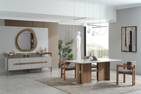 Braun-Weißes Esszimmer Set Esstisch 4x Stühle Kommode Designer Essgruppe