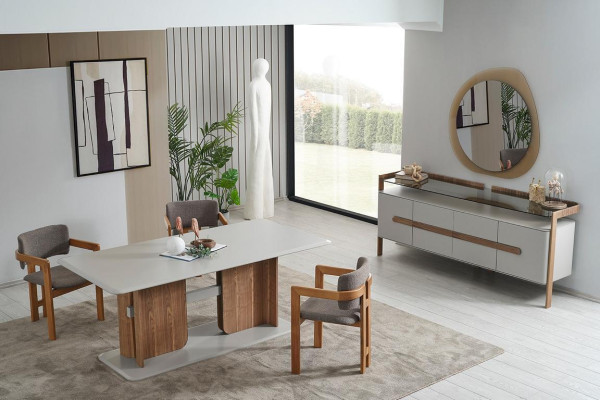 Braun-Weißes Esszimmer Set Esstisch 4x Stühle Kommode Designer Essgruppe