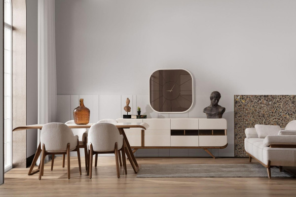 Weiß-braune Esszimmer Garnitur Moderner Esstisch 6x Polsterstühle 9tlg