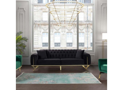 Schwarz Chesterfield Couch Dreisitzer Sitzpolster Sofa Samt Holz