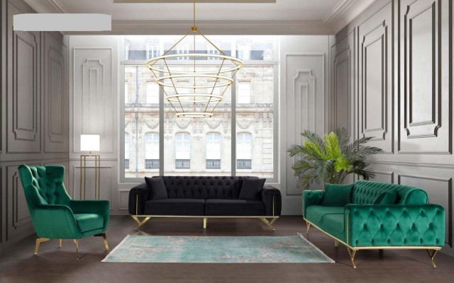 Grüne Chesterfield Couch Dreisitzer Sitzpolster Sofa Möbel Samt Holz