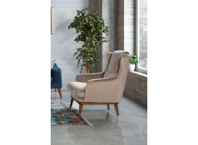 Beige Design Sessel Einsitzer Wohnzimmer Textil Stil Holz Möbel