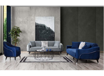 Sofagarnitur 3+3+1 Sitz Sofas Polster Couchen Holz grau blau Samt