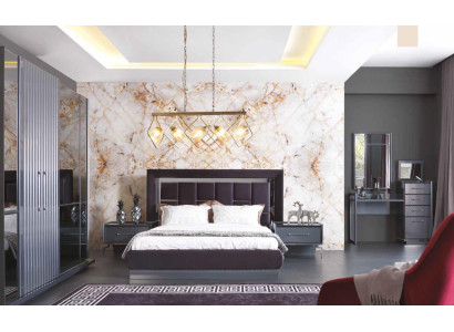 Moderne Schlafzimmer Set Grau Bett 2x Nachttisch Kleiderschrank Kommode 5tlg.